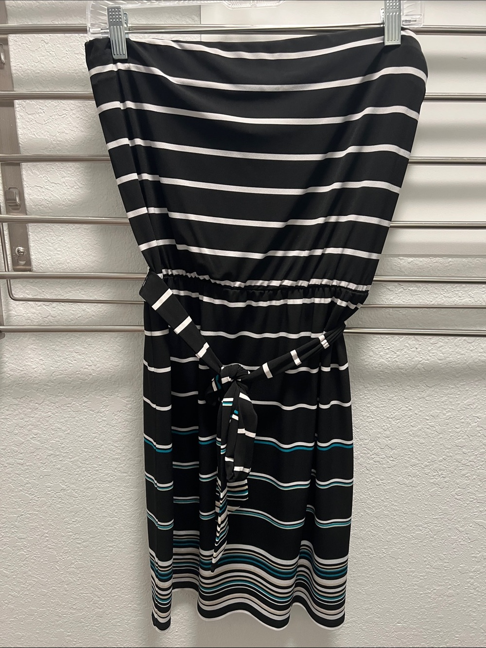 White House Black Market Black and White Strapless Stripe Dress with Belt